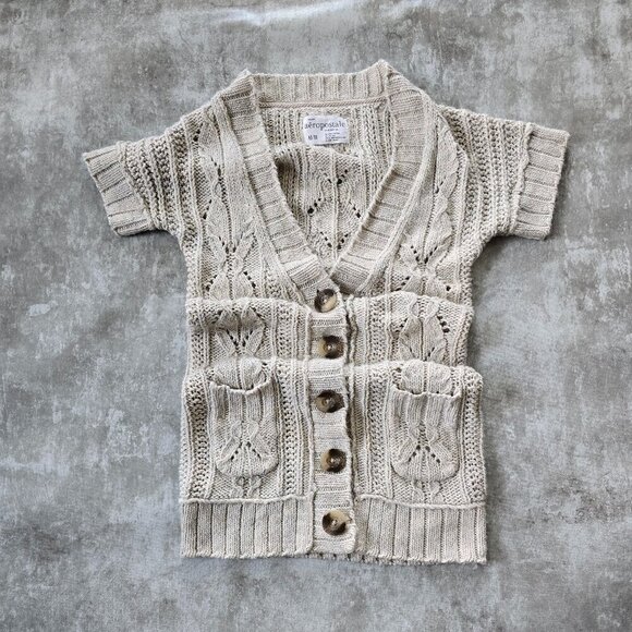 vintage aeropostable | Y2K cream chunky cable knit short sleeve sweater  | WMS M - Picture 1 of 8